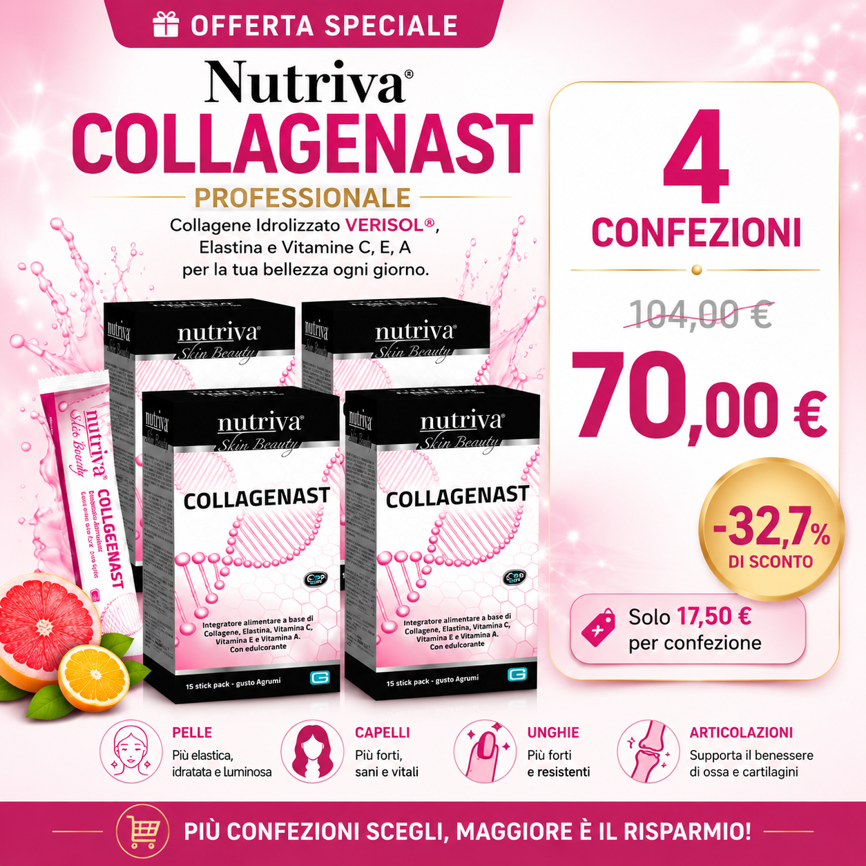 Nutriva COLLAGENAST 60 stick : 4 confezioni in offerta !