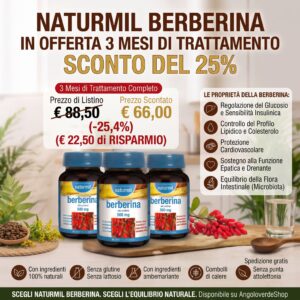 Naturmil Berberina  (Trattamento 3 Mesi 180 compresse ) – Integratore per il Metabolismo Glucidico e Lipidico Ad Azione Depurativa E Protettiva