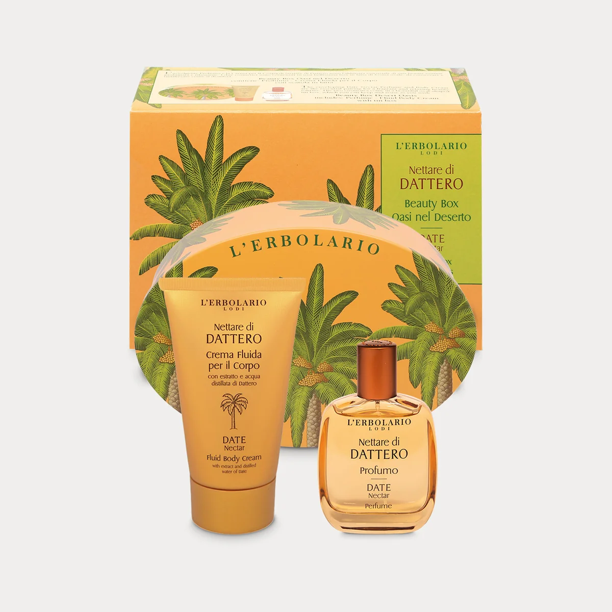 Beauty Box Oasi nel Deserto Nettare di Dattero L'Erbolario – Cofanetto Regalo In Scatola Di Latta Con Profumo 30ml E Crema Fluida Corpo 75ml Ad Azione Idratante E Avvolgente