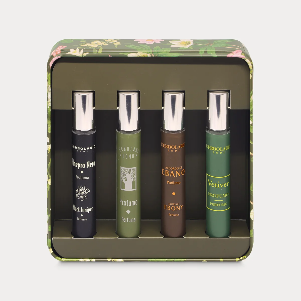 Sinfonia di Profumi Collezione Note Legnose L'Erbolario – Cofanetto Regalo Da Uomo In Scatola Di Latta Con 4 Profumi 10ml In Edizione Limitata Ad Azione Energizzante, Carismatica E Tonificante