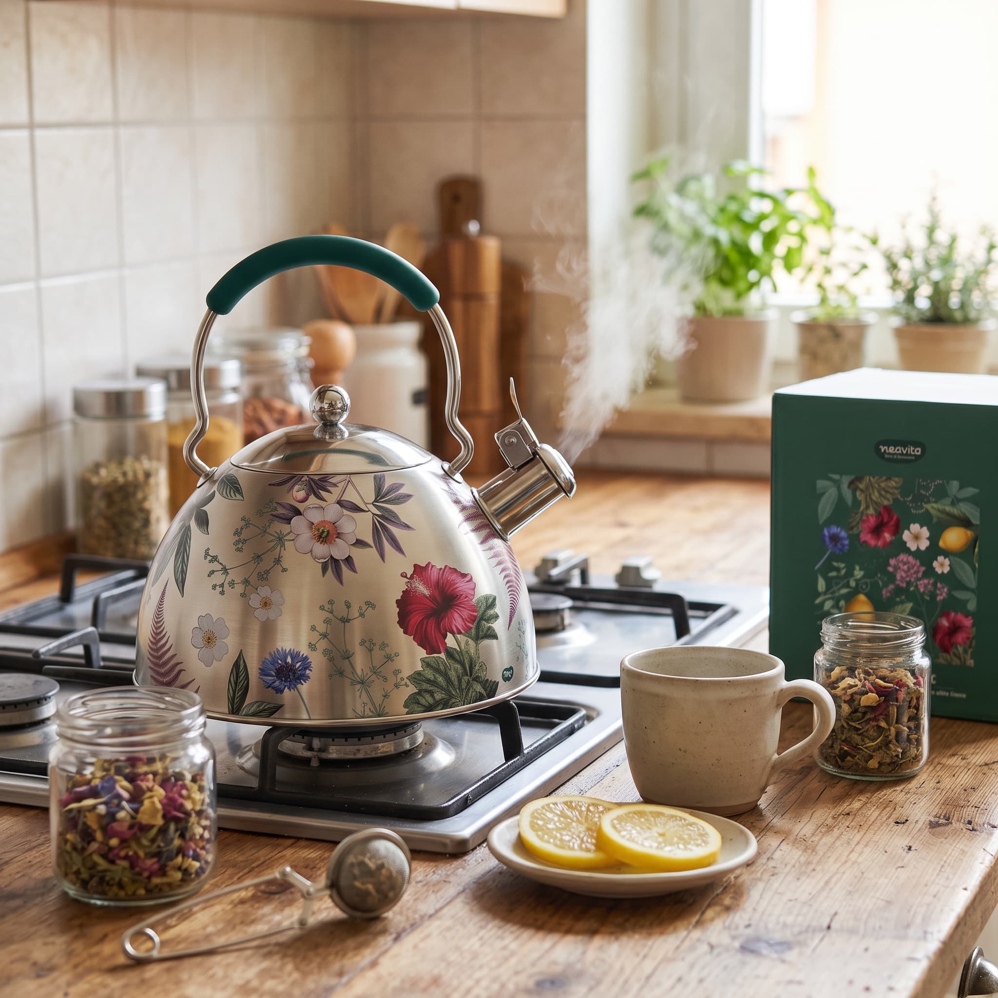 Neavita Herbal Kettle Bollitore A Fischio In Acciaio Herbarium – Bollitore Per Tisane E Tè Con Manico Ergonomico Antiscottatura Per Il Benessere E Il Relax Quotidiano - immagine 3