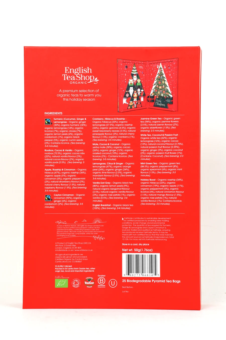 English Tea Shop Advent Calendar Tea Book – Calendario Dell'Avvento Tè E Tisane Biologiche In Cofanetto Libro Con 25 Filtri Piramidali Biodegradabili Per Il Relax E L'Attesa Natalizia - immagine 2
