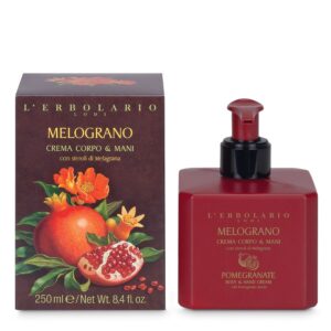 Crema corpo e mani al melograno in tubetto da 250 ml su sfondo bianco