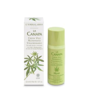 Crema viso nutriente alla canapa su sfondo naturale