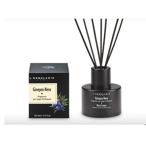 Diffusore a bastoncini con fragranza Ginepro Nero, 125 ml, 8 bastoncini in rattan nero