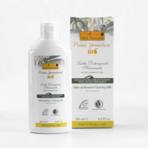 Latte detergente struccante con olio d'oliva su sfondo bianco