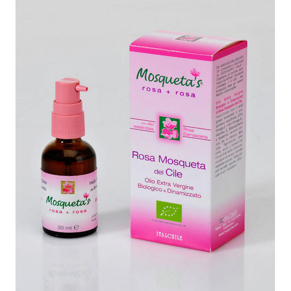 Bottiglia di Olio Puro Rosa Mosqueta Bio Rosa+Rosa su sfondo bianco